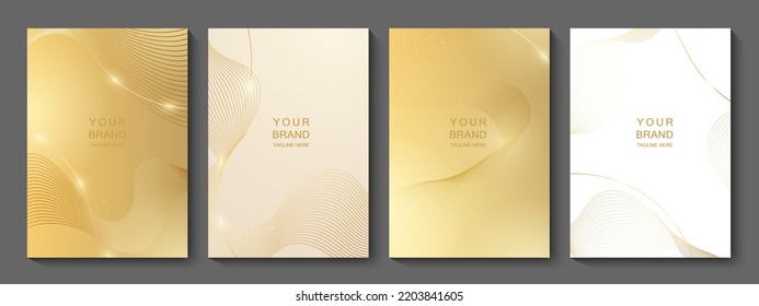 Juego de diseño de cubierta dorada. diseño de línea abstracta moderno de color oro de lujo. Diseño vectorial de línea dorada de lujo para el fondo de negocios, certificado, invitación, folleto, plantilla