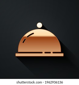Gold Covered with a tray of food icon isolated on black background. Tray and lid sign. Restaurant cloche with lid. Long shadow style. Vector