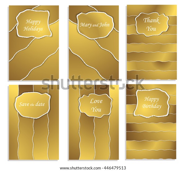 Gold covers for greeting cards. The effect\
of torn paper. Set of postcards for Christmas, birthday, save the\
date, wedding. Vector\
illustration