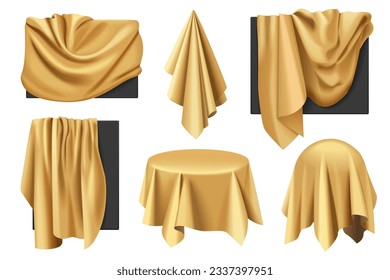 Gold covers of objects with drapery set vector illustration. 3D realistic isolated hidden presentation with golden silk or satin cloth on black sheet of rectangular, square, sphere and round table