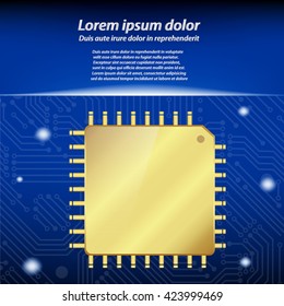 Gold CPU (central processing unit) - Computer chip or microchip with circuit board background, Vector  illustration