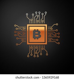 Gold CPU mining farm icon isolated on black background. Bitcoin sign inside processor. Cryptocurrency mining community. Digital money. Vector Illustration