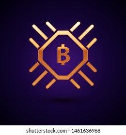Gold CPU mining farm icon isolated on dark blue background. Bitcoin sign inside processor. Cryptocurrency mining community. Digital money.  Vector Illustration