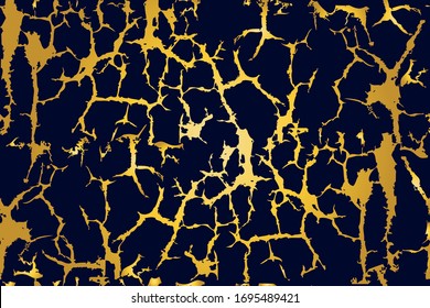 El suelo dorado se rompe en el fondo azul. Patrón transparente de efecto mármol. Para fondos, patrones, plantillas, postales, diseños, cubiertas, papel envolvente, moda, ropa, industria textil.Vector 