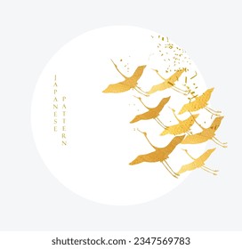 Gold crane bird decoration vector. Japanese background with hand drawn wave pattern. Oriental banner design with natural landscape template in vintage style.