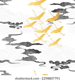 Gold crane bird element with hand drawn black Chinese cloud with Japanese pattern vector Oriental decoration with Flyer, banner or presentation in vintage style. Watercolor texture with geometric icon