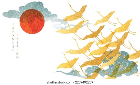 Gold crane birds element with hand drawn chinese cloud with Japanese pattern vector. Oriental decoration with Flyer, banner or presentation in vintage style. Watercolor texture with geometric icons