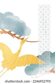 Gold crane birds vector. Japanese background with watercolor painting texture. Oriental natural cloud pattern with bonsai tree branch banner in vintage style. Geometric pattern element