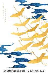 Elemento de nube de grúas doradas con patrón de nube dibujado a mano. Vector de patrón japonés. Decoración oriental con volante, pancarta o presentación de estilo vintage. Textura acuarela con iconos geométricos