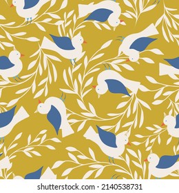 Gold with cream leaves and white and blue winged birds seamless pattern background design.