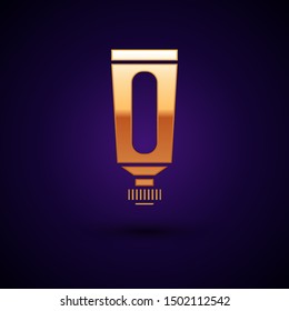 Gold Cream or lotion cosmetic tube icon isolated on dark blue background. Body care products for men.  Vector Illustration