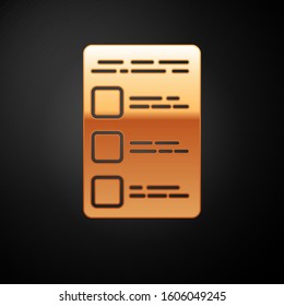 Gold Create account screen on mobile phone icon isolated on black background.  Vector Illustration