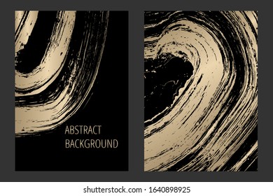 Gold creative abstract hand painted background, brush texture, set of cover for flyer, business card, brochure, poster, printing. Vector illustration.