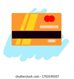 Gold credit card in flat style on a white isolate. Payment tool on a blue blot. Vector stock image for design. Suitable for online stores, blog sites.