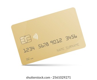 A gold credit card mock up with a shadow isolated on a white background