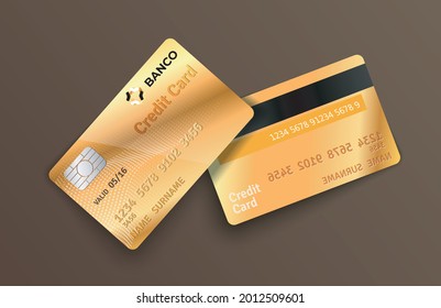 Gold credit card set. Sire and top view cards with shadow isolated on white background. online shopping illustration. can use for web, apps, infographics Premium Vector