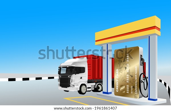 Gold credit cards for spending, fueling in a gas
station, making transactions with banks through full-service
automatic card payments to drive the transportation business
promptly on time for
vector