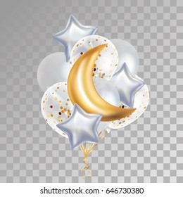 Gold Crescent Moon balloon Ramadan. Moon balloon on background. Party balloons event design decoration. Balloons isolated air. Party decorations wedding, birthday, baby shower, celebration,Ramadan,