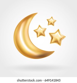 Gold Crescent Moon balloon Ramadan. Moon balloon on background. Party balloons event design decoration. Balloons isolated air. Party decorations wedding, birthday, celebration,Ramadan, anniversary