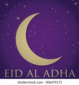 Gold crescent moon "Eid Al Adha Mubarak" (Blessed Eid Al Adha) card in vector format. 