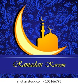 Gold crescent moon "Eid Mubarak" (Blessed Eid) card. Vector Illustration