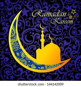 Gold crescent moon "Eid Mubarak" (Blessed Eid) card. Vector Illustration