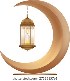 Gold crescent moon with hanging lantern.3d Islamic golden crescent with lamp isolated on white background,Minimal ramadan design elements for Muslim holiday,Ramadan Kareem,Eid Mubarak,Eid al fitr