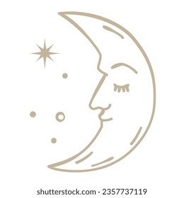 Gold crescent moon illustration with face. closed eyes. Vector hand drawn mystical element.