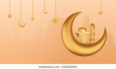 Gold crescent moon with mosque and entering the month of ramadan.Vector illustration