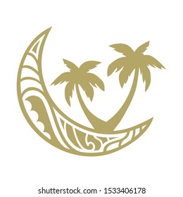 gold crescent moon and palms, vector