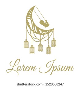 gold crescent moon swing with lanterns and baby, vector logo template 