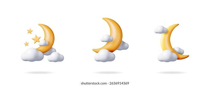 Gold crescent moon with white clouds and shining stars in 3d vector set collection on a white background. Weather forecast symbol with cartoon design.