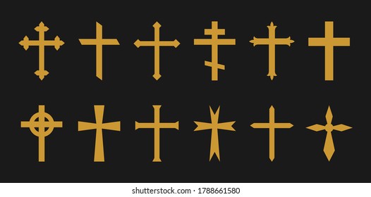 Gold cross. Christian, catholic, greek crosses. Icons of crucifix in gothic style. Symbol of church, jesus and holy faith. Religious gold silhouette on black background. Celtic decorative set. Vector.