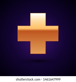 Gold Cross hospital medical icon isolated on dark blue background. First aid. Diagnostics symbol. Medicine and pharmacy sign.  Vector Illustration