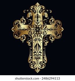 Gold cross. Vector decorative ornamental gold cross with vintage antique 3d flowers leaves and ornaments. Gold ornate luxury cross on the black background. Isolated design.