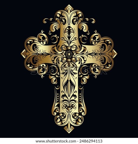 Gold cross. Vector decorative ornamental gold cross with vintage antique 3d flowers leaves and ornaments. Gold ornate luxury cross on the black background. Isolated design.