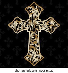 Gold cross. Vector decorative gold cross with vintage antique 3d  leaves and ornaments. Gold ornate cross on the black background.