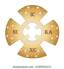 Gold cross with vines ornaments and symbols IC XC NIKA meaning "Jesus Christ Conquers." 