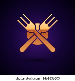 Gold Crossed fork icon isolated on dark blue background. Cutlery symbol.  Vector Illustration