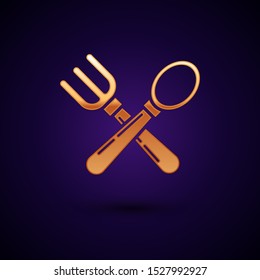 Gold Crossed fork and spoon icon isolated on dark blue background. Cooking utensil. Cutlery sign.  Vector Illustration