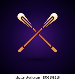 Gold Crossed paddle icon isolated on dark blue background. Paddle boat oars.  Vector Illustration