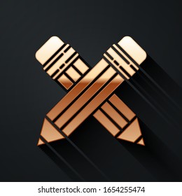 Gold Crossed pencil with eraser icon isolated on black background. Drawing and educational tools. School office symbol. Long shadow style. Vector Illustration