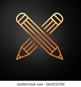 Gold Crossed pencil icon isolated on black background. Education sign. Drawing and educational tools. School office symbol.  Vector Illustration