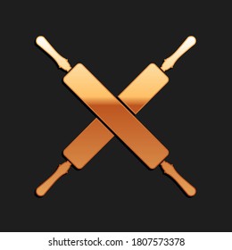 Gold Crossed rolling pins icon isolated on black background. Kitchen utensils and equipment. Long shadow style. Vector.