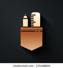 Gold Crossed ruler and pencil icon isolated on black background. Straightedge symbol. Drawing and educational tools. Long shadow style. Vector Illustration