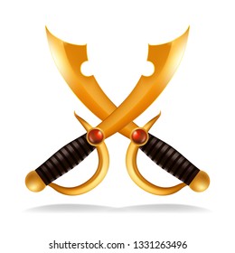 Gold Crossed Sword Saber Vector. Golden Shiny Weapon. Power Safety Protect Symbol. Isolated Realistic Illustration
