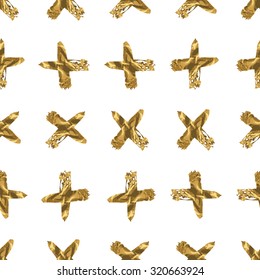 Gold crosses seamless pattern. Hipster gold texture. Stylish print with  gold crosses. Cute background for packaging, fabric, website background, cards. Vector illustration 