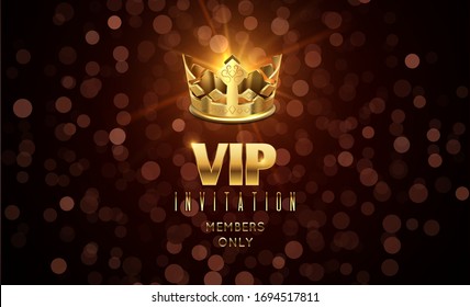 Gold crown background. Blurred glow effect, VIP invitation with golden typography. Luxury festive celebration vector banner