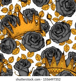 Gold crown and black roses seamless pattern. Hand drawn vector illustration. Vintage background. Design template.