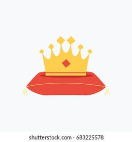 Gold Crown Cartoon Symbol With A Red Diamond Flat Design Style On A Cushion & Royal Pillow. Throne Isolated Icon For King, Prince, Princess Or Queen 